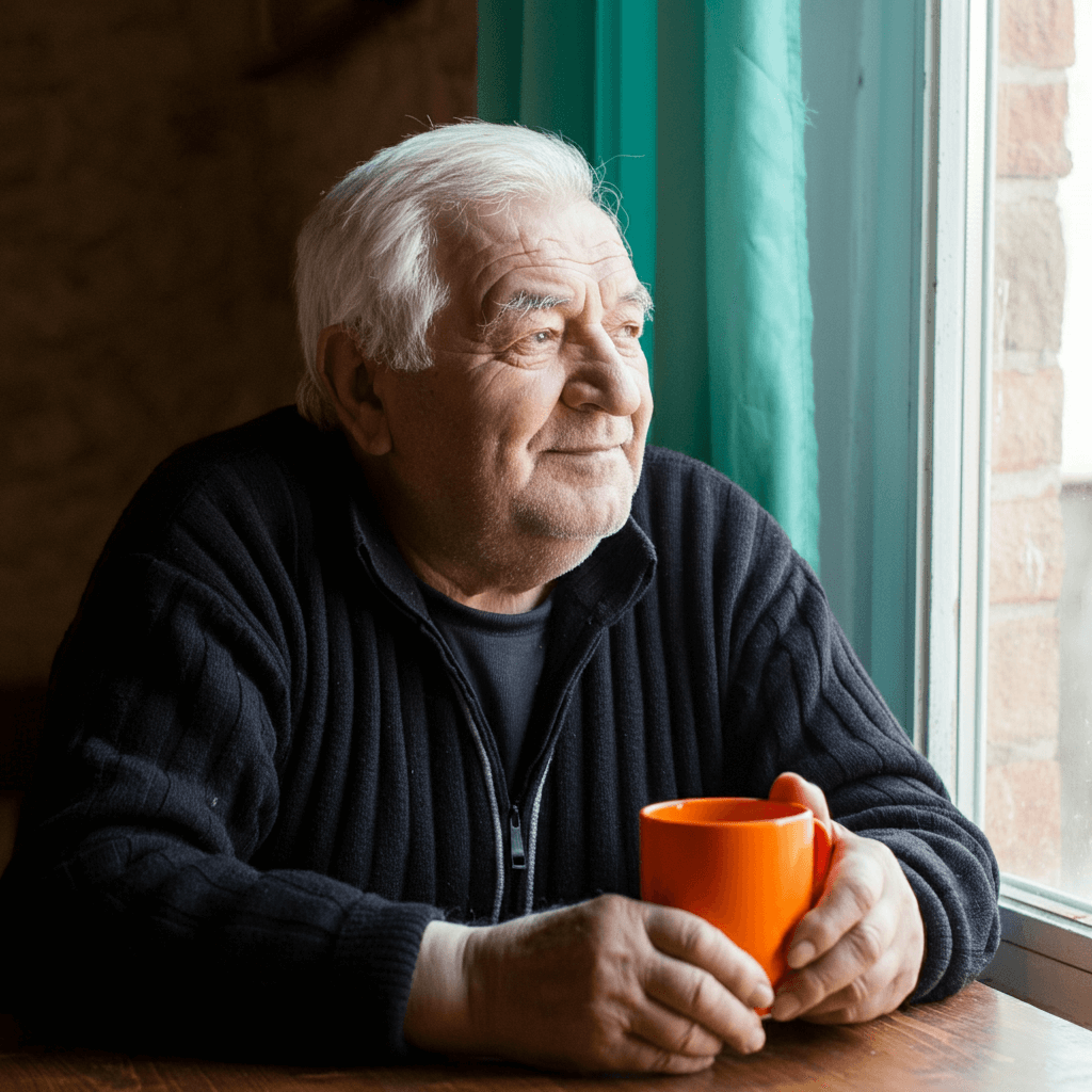 Възрастен мъж седи на маса, сдтатия остеоартрит Адапт БГ