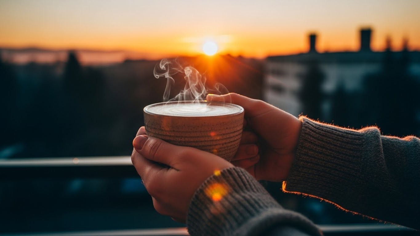 Жена държи чаша с кафе в ръцете си сутрин