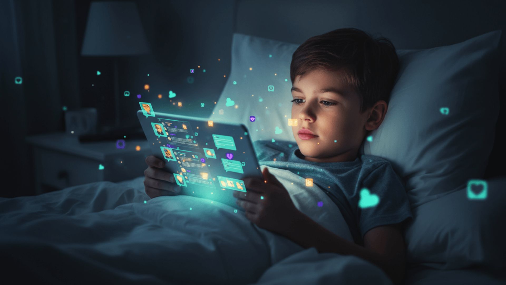 Дете в леглото, държи в ръцете си таблет или друго електронно устройство и следи публикации на връстници в социалните мрежи